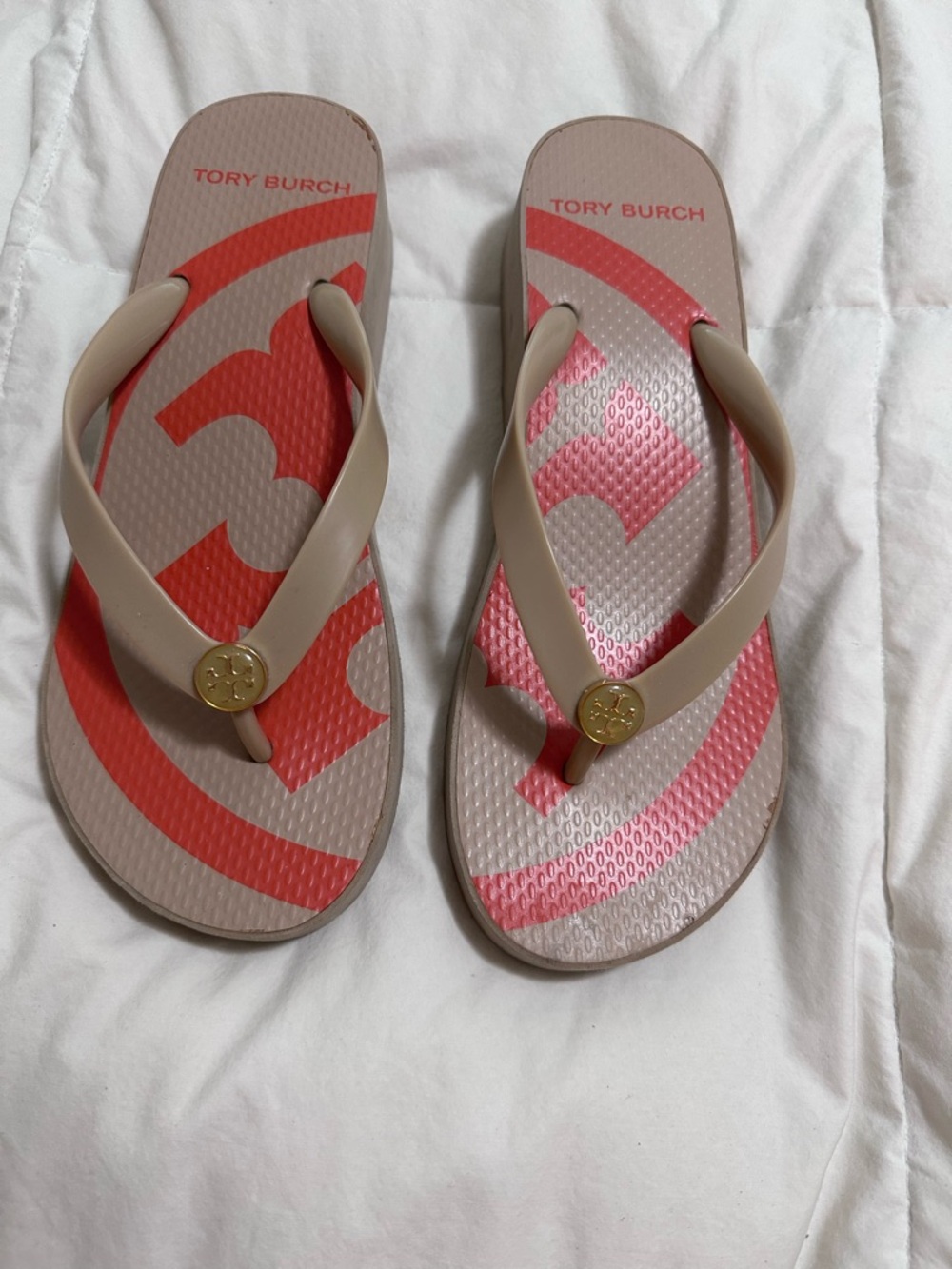 Tory Burch Beige and Coral Logo Flip Flops